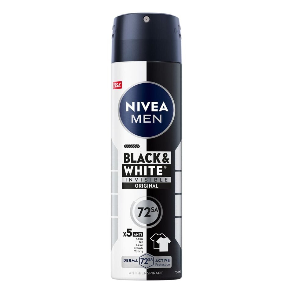 NIVEA MEN Erkek Sprey Deodorant Black&White 72 Saat Anti-perspirant Insible Original 150 Ml