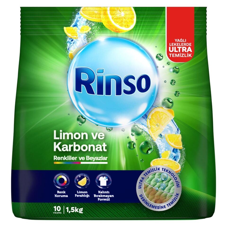 Rinso Toz Çamaşır Deterjanı Limon ve Karbonat Renkliler ve Beyazlar İçin Derinlemesine Temizlik 1,5 KG